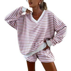 Melliflo Women 2 Piece Outfits Lounge Sets Striped Print Long Sleeve V Neck Sweatshirt and Shorts Set Sweatsuit (XL)