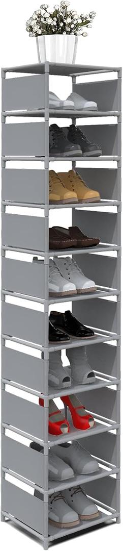 10 Tier Vertical Shoe Rack - Grey Narrow Shoe Rack for Closet & Entryway, Space Saving Tall Shoe Organizer for Small Spaces, Sturdy Skinny Shoe Tower Stand for Boots & Heels, Grey
