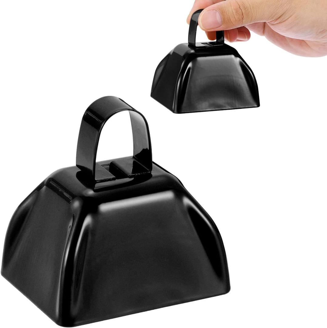 PATIKIL 2pcs Cow Bells for Football Games, 3inch Cowbells for Sporting Events Bulk Loud Noise Makers Metal Cow Bell with Handle for Cheering Competition Marathon Wedding, Black