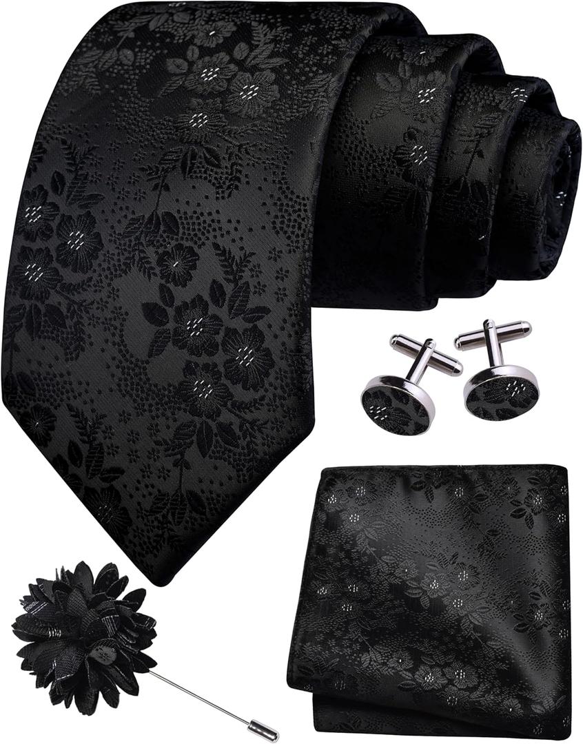 GUSLESON 3.15"8cm Mens Floral Tie and Lapel Pin Necktie Hankerchief Cufflinks Set for Men (Black)