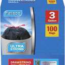 Feisco 3 Gallon Black TrashBag,Small Drawstring Garbage Bag TrashCan Liner,100 Counts,0.55 Mil