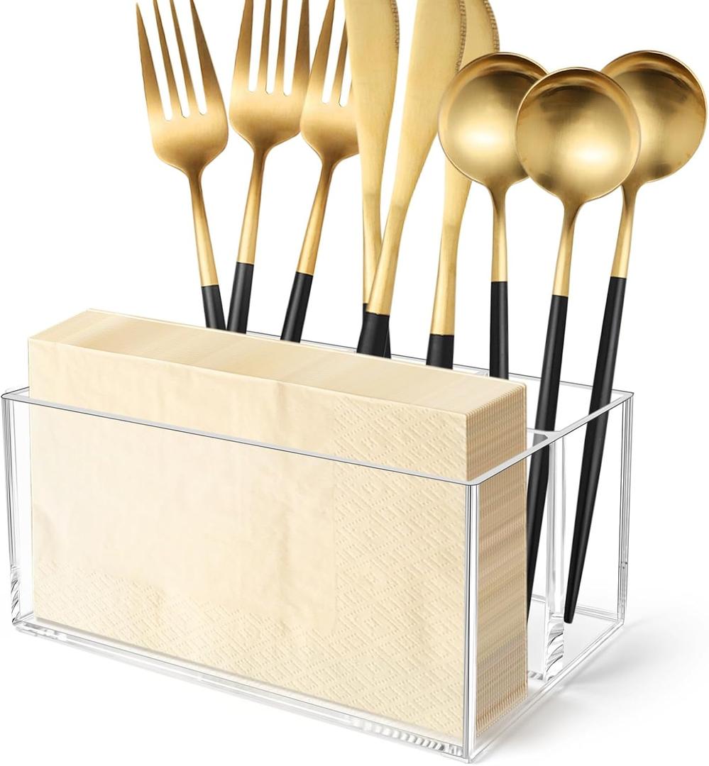 Vowcarol Small Clear Plastic Silverware Caddy Cutlery Holder 7.1 x 4.6 x 3.1 inches 4 Compartments Tableware Storage Box for Napkin, Knife Spoon and Fork Holder
