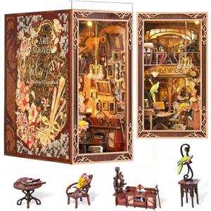 Book Nook Kit, DIY Miniature Dollhouse Booknook Kit, 3D Wooden Puzzle Bookend Bookshelf Insert Decor with LED Light for Teens and Adults, Painter's Day at Dusk