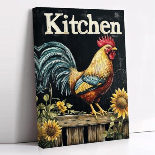 CCWORKERRY Rooster Painting Wall Art for Kitchen Chicken Sunflower Canvas Prints Farm Animals Pictures Hen Poster Dining Room Wall Decor Framed(Black,16L x 20W)