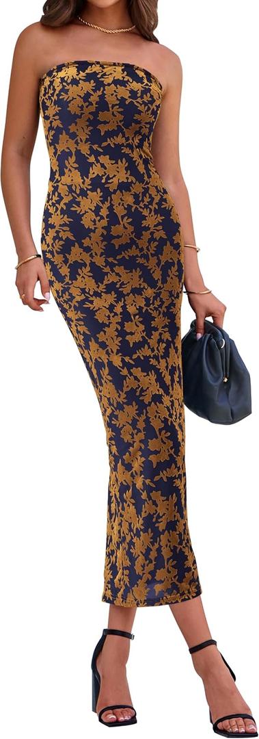 BTFBM Women Spring Dresses 2025 Elegant Wedding Guest Dresses Bodycon Tube Maxi Dress Split Floral Cocktail Dress (Large, Floral Navy Brown)