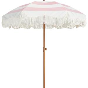 AMMSUN Boho Fringe Umbrella Outdoor Patio, 6.5ft UPF50+ Picnic Umbrella with Tassels with Steel Pole and Push Button Tilt, Pink Stripes