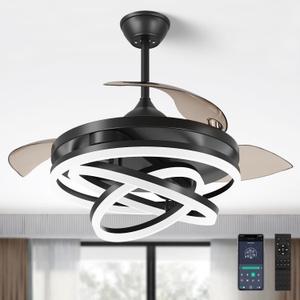 FIDGRA 42 Inch Retractable Ceiling Fan, Chandelier Ceiling Fans with Lights, Silent DC Motor, 6 Speeds, 3 Color Changing for Bedroom Living Room (Black)