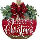 Merry Christmas Hanging Sign for Front Door, Wooden Welcome Wreath with Bow for Holiday Rustic Farmhouse Outdoor Wall Window Decor (Merry Christmas Wreath)