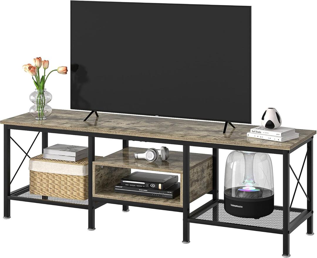 VECELO Industrial TV Stand for 70 Inch Television Cabinet 3-Tier Console with Open Storage Shelves, Entertainment Center Metal Frame for Living Room, Bedroom, 63 Inch, Grey