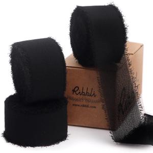 Ribbli Black Ribbon 1 Inch x 3 Rolls Total 24 Yards Handmade Fringe Chiffon Silk Ribbon for Wrapping Wedding Invitations Bridal Bouquets DIY Crafts Home Decor, Black