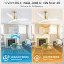 52" Contemporary Ceiling Fans with Lights and Remote, Quiet DC Motor, 3 Reversible Blades, 6-Speed, Modern Gold and White Low Profile Ceiling Fan with 3-Color LED Light Fandelier for Bedroom