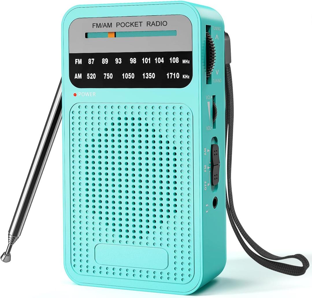 Portable Radio AM FM with Best Reception, Goodes Transistor Radio with Loud Speaker, 2AA Battery Operated, Headphone Jack for Indoor, Outdoor and Emergency Use-Green (New-Cyan)