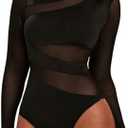 Milumia Women's Sexy Cut Out Sheer Mesh Long Sleeve Bodysuit Crew Neck Body Suits Going Out Bodysuit Tops (Large, Black)