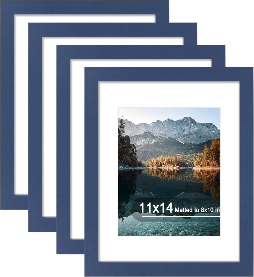 11x14 Picture Frame Set of 4, High Definition Real Glass, Display Pictures 8x10 with Mat or 11x14 Without Mat, Gallery Wall Hanging Photo Frames, Blue