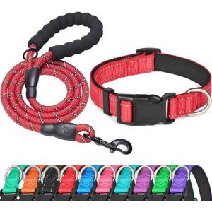 Ladoogo Reflective Dog Collar Padded with Soft Neoprene Breathable Adjustable Nylon Dog Collars for Small Medium Large Dogs (X-Small (Pack of 1), Red Collar+Leash)