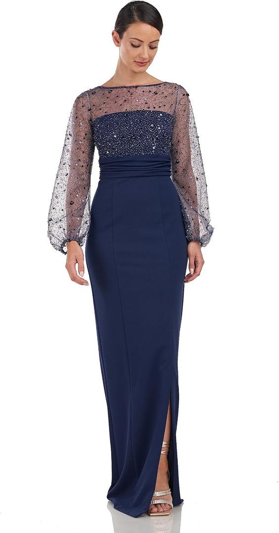 JS Collections Women's Logan Illusion Column Gown, Size 2, Navy