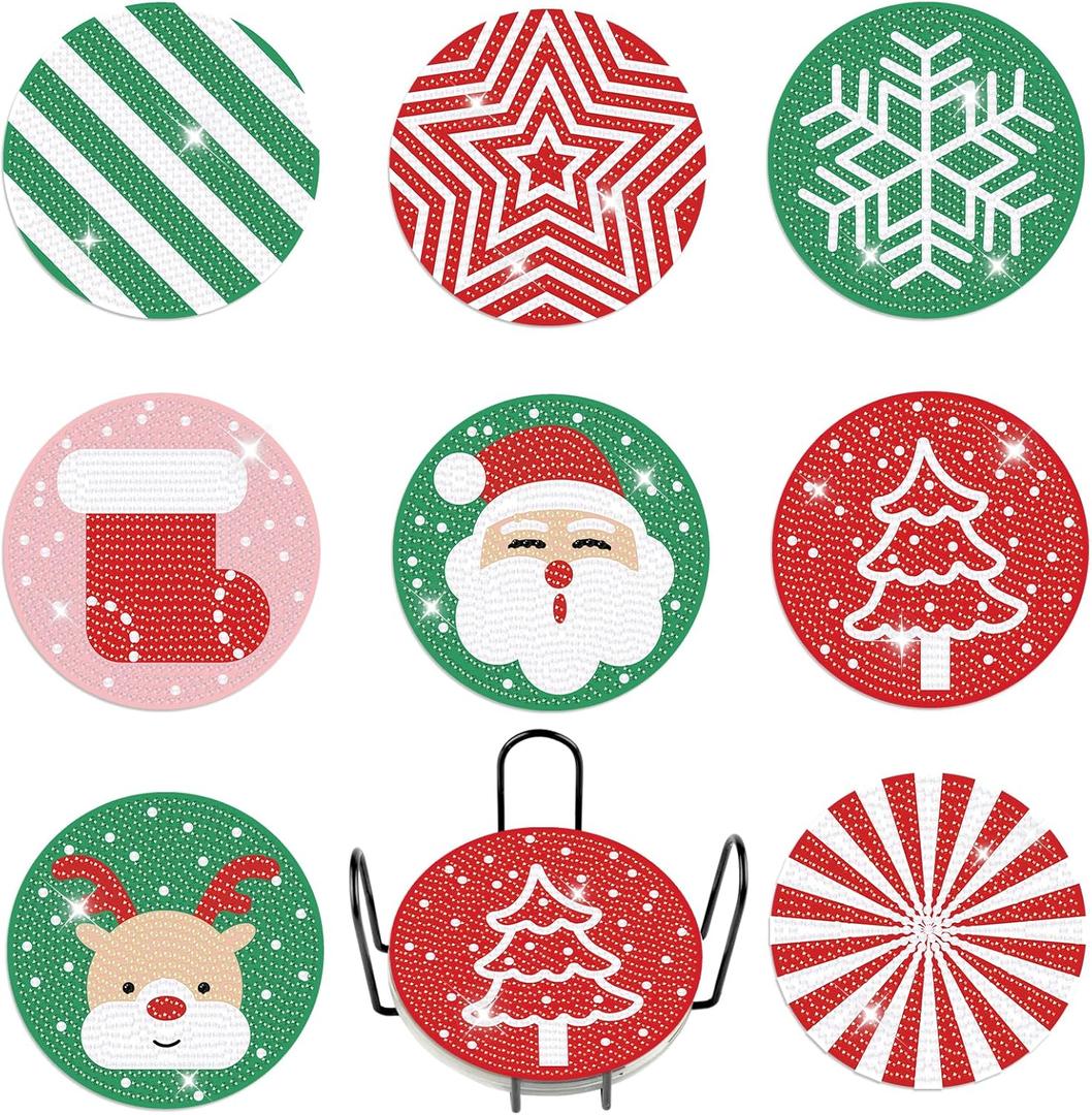 Diamond Coasters Art Painting Kit, 8pcs Diamond Christmas Art Coasters with Holder DIY Crafts Art Supplies for Adults Kids Beginners Beach House DecorChristmas (Red,green)
