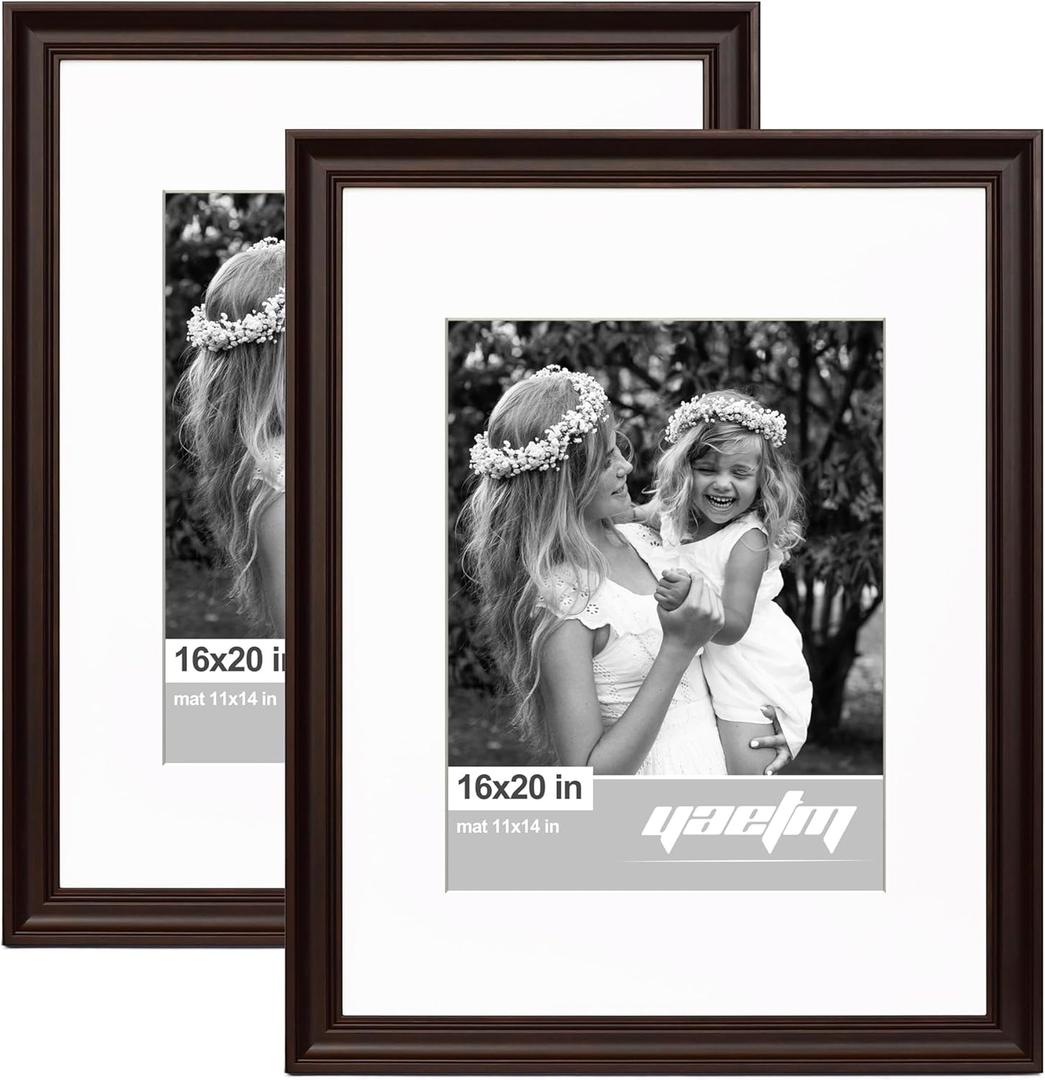 Yaetm 16x20 Picture Frame Matted to 11x14 Set of 2, 1.4" Wide Molding & Dark Brown Poster Frames 16 x 20 for Wall Gallery, Home and Office, Wall Mount (2 pack, Brown)
