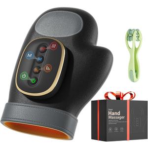 WUX Hand Massager with Heat Compression Relief, 3 Massage 4 Temperatures 5 Compression Models Therapy Glove, Arthritis & Wrist Carpal Tunnel Muscles Pressure Point Therapy, Ideal Gifts for Women/Men (Black)