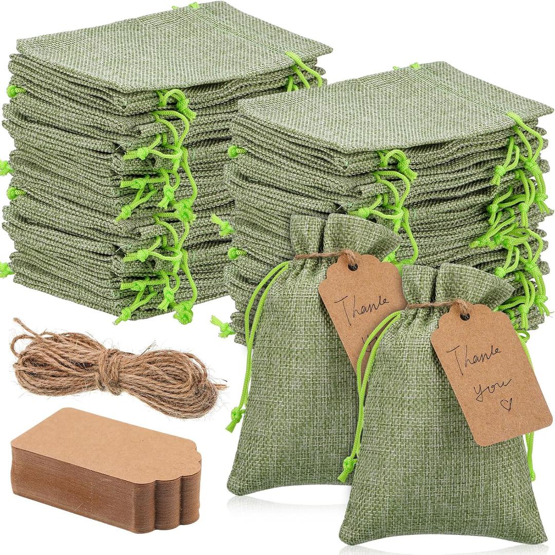 Woanger 100 Pcs Burlap Gift Bags with 100 Pcs Kraft Paper Gift Tags with Drawstring Favor Bulk Burlap Sack Bags for DIY Wedding Party Craft(3 x 4 Inch,Sage Green)