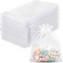 FUNFERY 100 Pcs White Organza Bags 3x4 in, Small Mesh Drawstring Gift Bags for Sachet, Jewelry, Wedding Favor, Candy Goodie Treat Bag,Easter Day