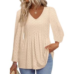 Tankaneo Womens Long Sleeve Shirts V Neck Loose Fit Tunic Tops Babydoll Peplum Top Flowy Dressy Casual Blouse Eyelet T-Shirt (XX-Large)