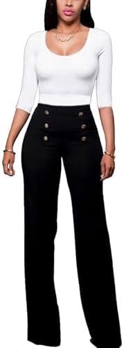 Women's Stretchy High Waisted Wide Leg Button-Down Pants Sailor Bell Flare Trousers, Black, XL