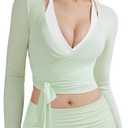 SUUKSESS Women Pilates Wrap Workout Cropped Top Ribbed Long Sleeve V Neck Tie Front Ballet Yoga Shrug Blouse (Medium)