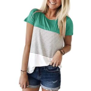 Womens Crew Neck Short Sleeve Tees Color Block Striped T-Shirt Casual Loose Fashion Tee Tops (Small)