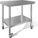 Stainless Steel Work Table 35"x24"x33" Metal Adjustable Under Shelf Prep Table 460 LBS Load Capacity with 4 Caster Wheels Heavy Duty Food Prep Worktable for Home Hotel Kitchen Restaurant, 35"Lx24"Wx33"H