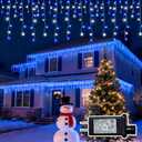 Christmas Outdoor Icicle Lights - 480 LED 66+33 FT 8 Modes Curtain Fairy String Light Plug in, Waterproof for Eaves Yard Holiday Xmas Holiday Indoor Outdoor Decoration - Blue White