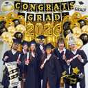 Graduation Decorations 2026, Class of 2026 Party Decorations Set with Banner, 2026 Balloons, Foil Curtains, Hats & Glasses, Black Gold Graduation Party Supplies for High School & College