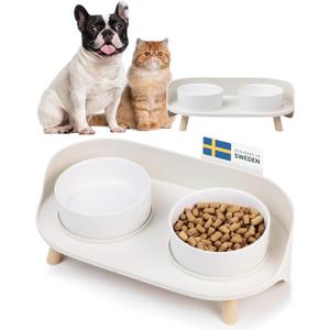 MalsiPree Elevated Ceramic Dog & Cat Bowls Set, Raised Stand for Small Dogs & All Sized Cats, Sand Beige with Splash Guard - Pet Bowls (Medium)