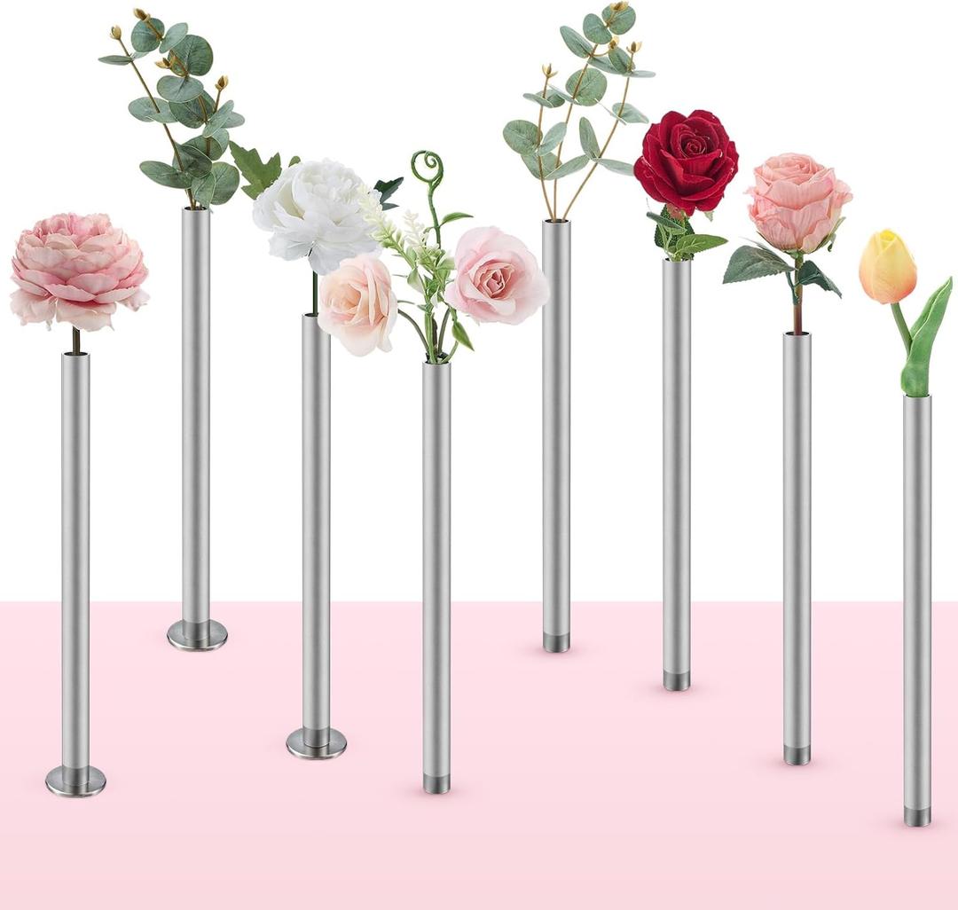 Set of 8 Magnetic Flower Vase, 9.45 x 0.6 x 0.6 Inch, Silver Aluminum Cylindrical Base Vase, for Modern Home Decor, Real Artificial Fresh Dried Flower Branches