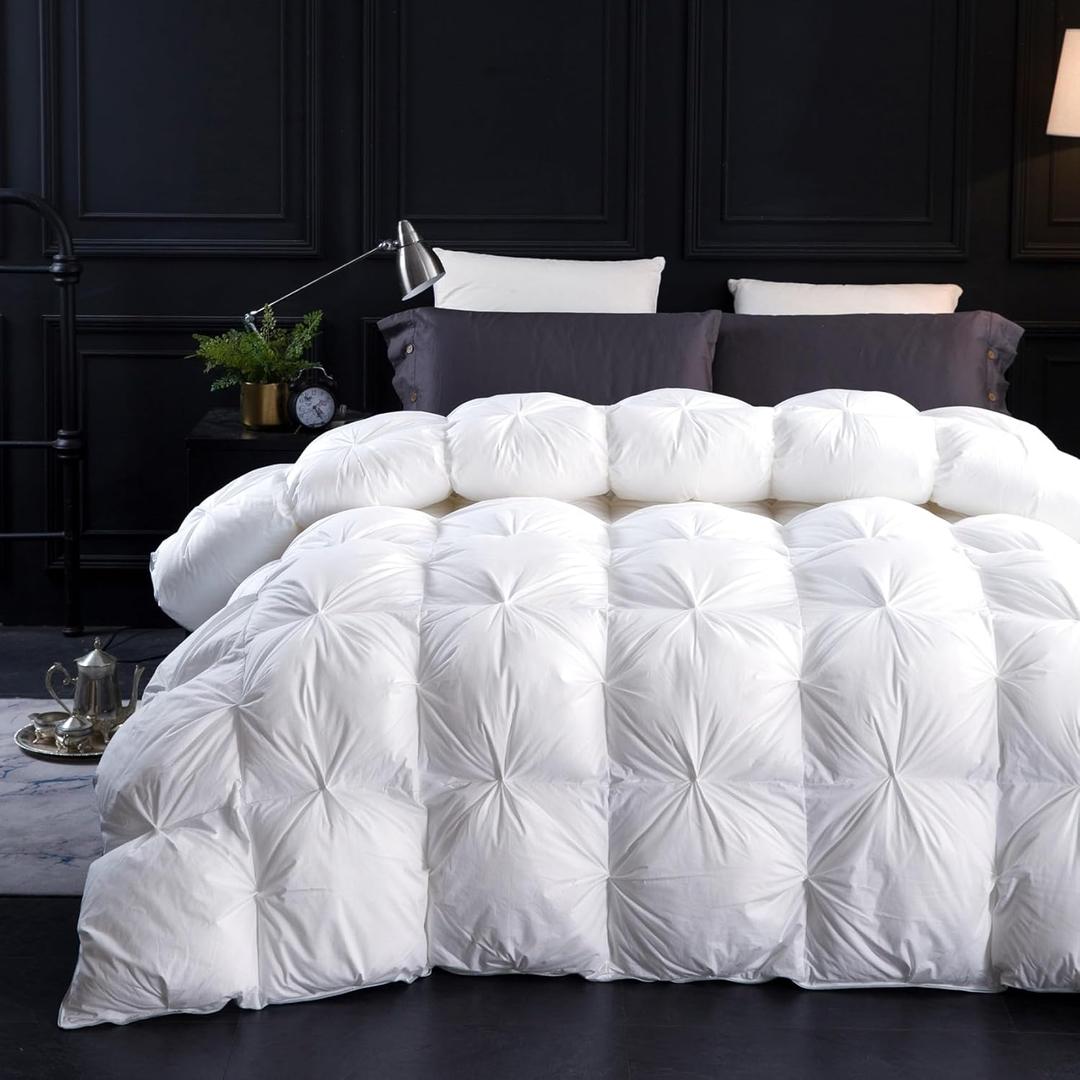 Three Geese King Size Pinch Pleat Duck Feather Down Fiber Comforter  AllSeason Down Duvet Insert Fluffy Baffle Box Design with 8 Corner Loops for Warmth and Softness.
