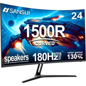 SANSUI 24 Inch Curved Gaming Monitor up to 180Hz MPRT 1ms with Built-in Speakers,FHD 1080P Computer Monitor Freesync 130% sRGB HDR,HDMI DP Ports VESA Mount Metal Stand(ES-G24C1 HDMI Cable Included)