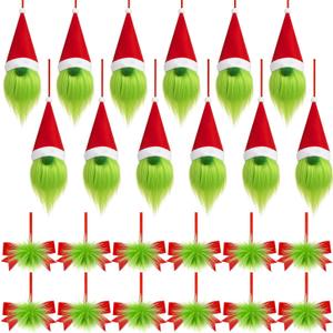 Soulchen 24 Pcs Christmas Lime Green Gnomes Ornaments and Furry Xmas Bows Set Christmas Tree Ornaments Handmade Dwarfs 12 Furry Gnome and 12 Plush Bows for Xmas Tree Decoration Table Tiered Tray Decor
