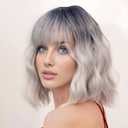 Silver Gray Wig with Bangs 14 Inch Short Bob Wavy Wig for Women Shoulder Length Ombre Grey for Cosplay Party Daily Use