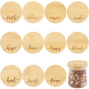 Tessco for you 12 Pieces Yogurt Jar Lids Inspirational Yogurt Bamboo Lids Set with Silicone Sealing Compatible with Oui Jars, Smile Happy Kind Plant(Inspiration Words)