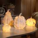 Leinuosen 4 Pcs Thanksgiving Lighted Resin Pumpkin Decorations Pumpkins Fall Centerpiece Table Figurines Decorations for Home Harvest Tabletop Autumn(White)