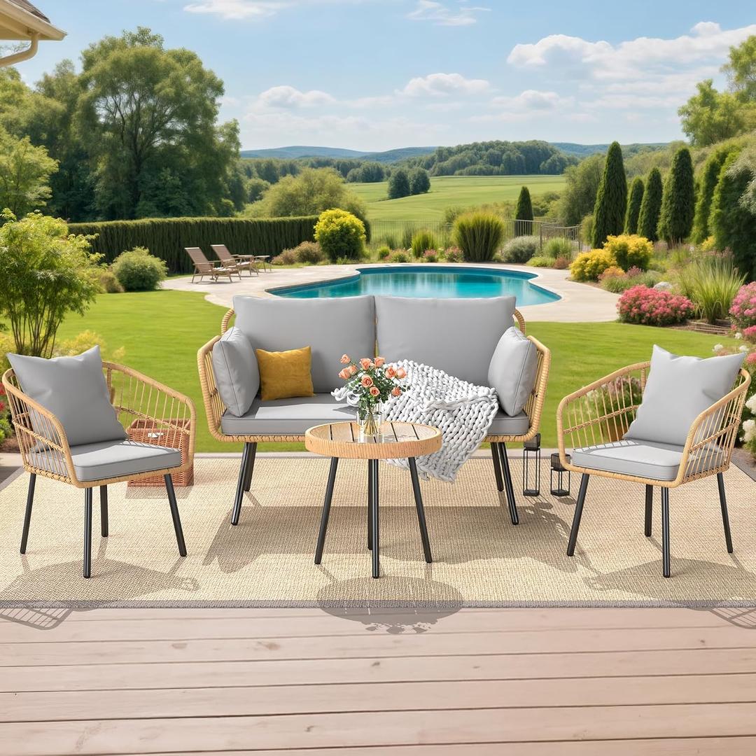 YITAHOME 4 Pieces Patio Furniture Set, Outdoor Wicker Patio Conversation Set, All-Weather Rattan Bistro Set with Loveseat Chairs Table Soft Cushions for Garden, Porch, Backyard - Grey