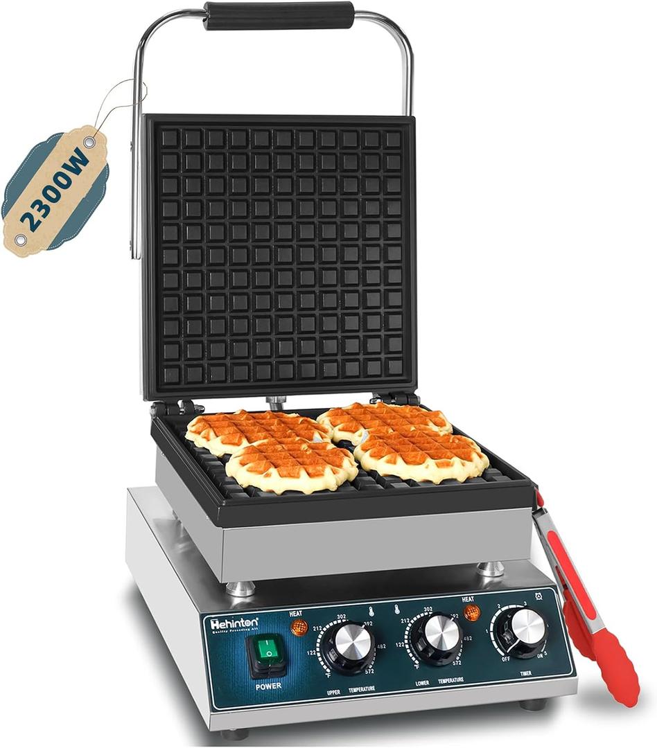 Hehinton® Commercial Waffle Maker, 110V 2300W Professional Liege Waffle Maker Dual Temperature Control,11.4"x11.4" Cooking Area, Waffle Iron with Nonstick Plates for Food Trucks, Cafes & Home Use
