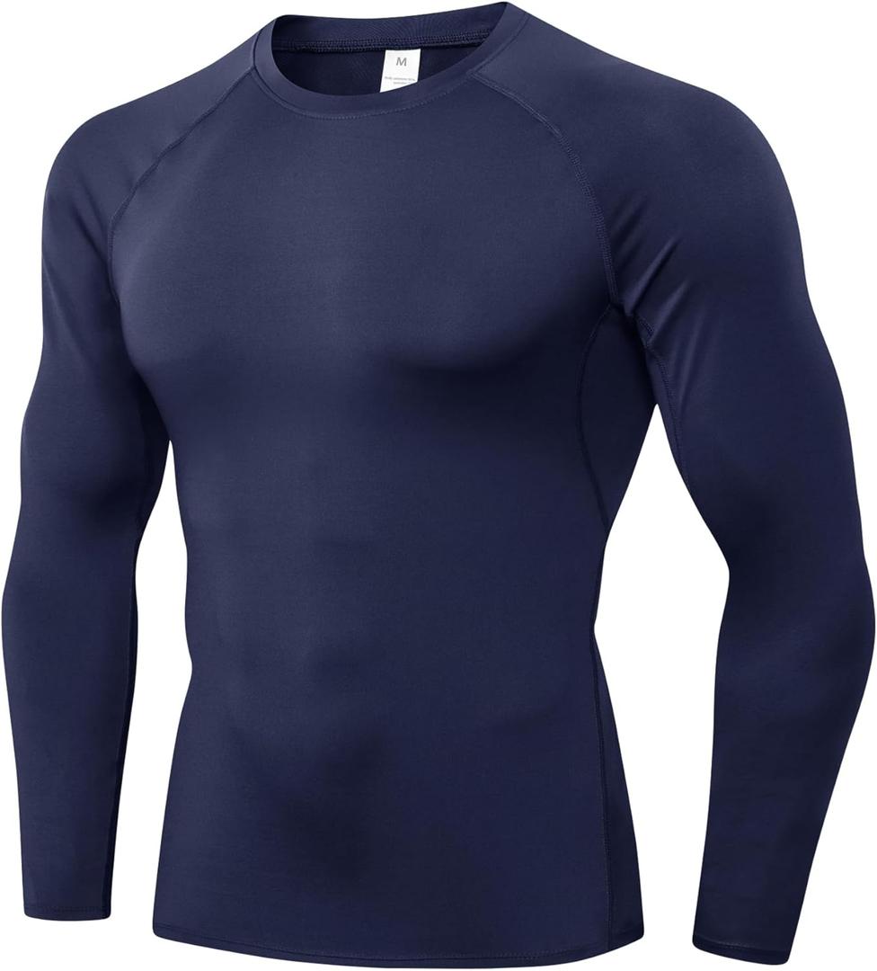Men's Compression Shirts Long Sleeve Athletic Workout T-Shirt Running Cool Dry Tops Active Base Layer Undershirts (Blue)
