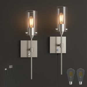 Dimmable Battery Operated Wall Sconce No Wired, Rechargeable Wall Light Fixture, Easy to Install Wireless Wall Mount Lamp for Living Room Bedside Hallway Lounge Mirror, Bulb Included (Nickel)