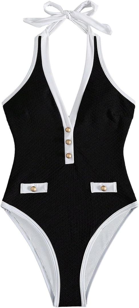 Floerns Women's One Piece Swimsuit Textured Halter Neck Tummy Control Bathing Suit (Black, S)