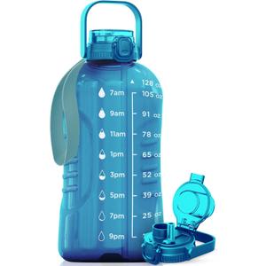 AQUAFIT 128 oz Water Bottle with Time Marker - 2in1 Straw & Chug Lid - BPA Free Big Jug with Straw - Gym Water Bottle with Strap (128 Ounces, Aqua)