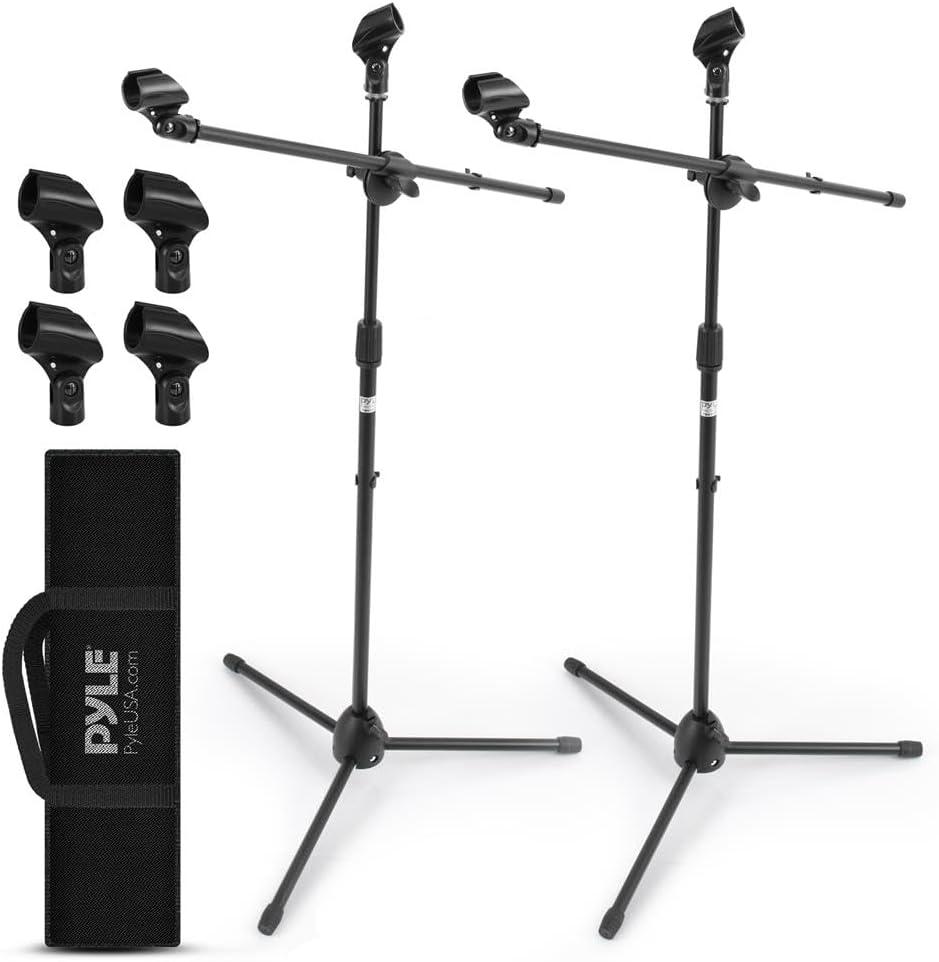 Pyle Universal Adjustable Tripod Microphone Stand - Pair of Heavy Duty Lightweight Professional Compact Extendable Stage Studio Floor Standing Boom Mic Holder w/ Carry Bag, 5/8" Adapter