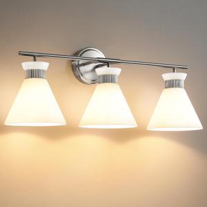 WOSHITU Nickel Bathroom Vanity Light Fixtures: Vanity Lighting Fixtures Over Mirror 23.4 inch with Milky White Frosted Glass, 3-Lights Vanity Light Above Mirror Bathroom Wall Light(Exclude Bulb)