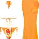 ZAFUL Women's 3 Piece Floral Swimsuit Draped Neck Halter Bikini Tie Side Bathing Suit with Sheer Cover Up Skirt (Orange, L)