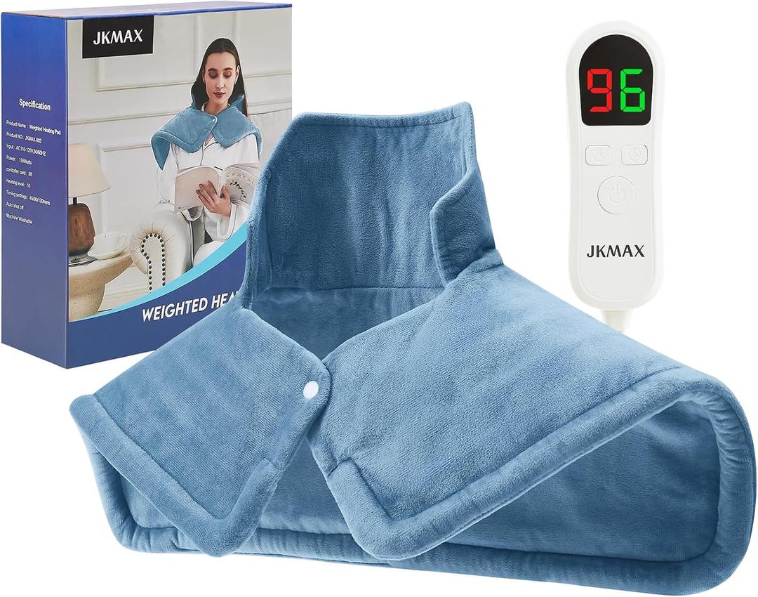 Heating Pad for Neck and Shoulders and Back - Weighted Heating Pad for Neck and Shoulders - Shoulder Heating Pad Gifts for Women Men Mom Dad - 10 Heat Settings and 6 Timers Auto Off (Blue)